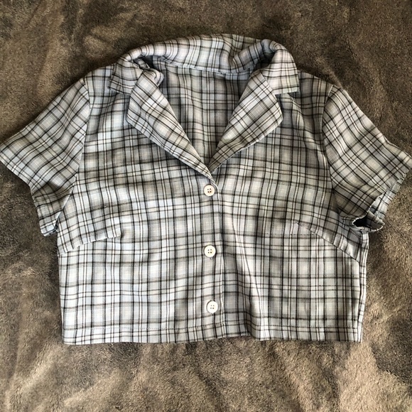 Brandy Melville Cropped baby blue plaid y2k retro jacket - Picture 3 of 4